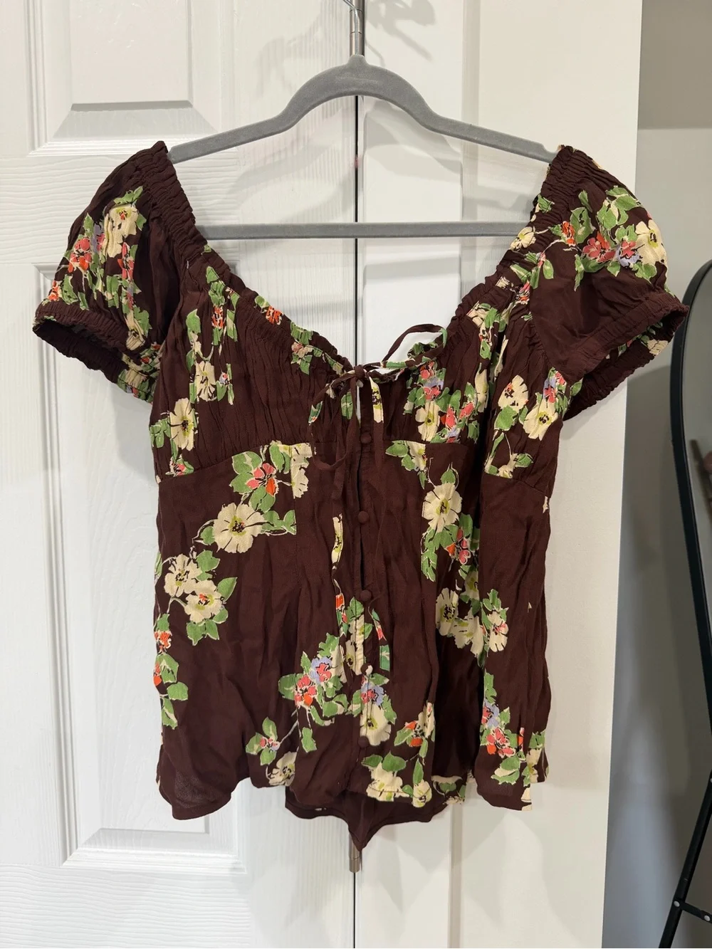 Free People Brown Floral Tie-Front Peasant Blouse